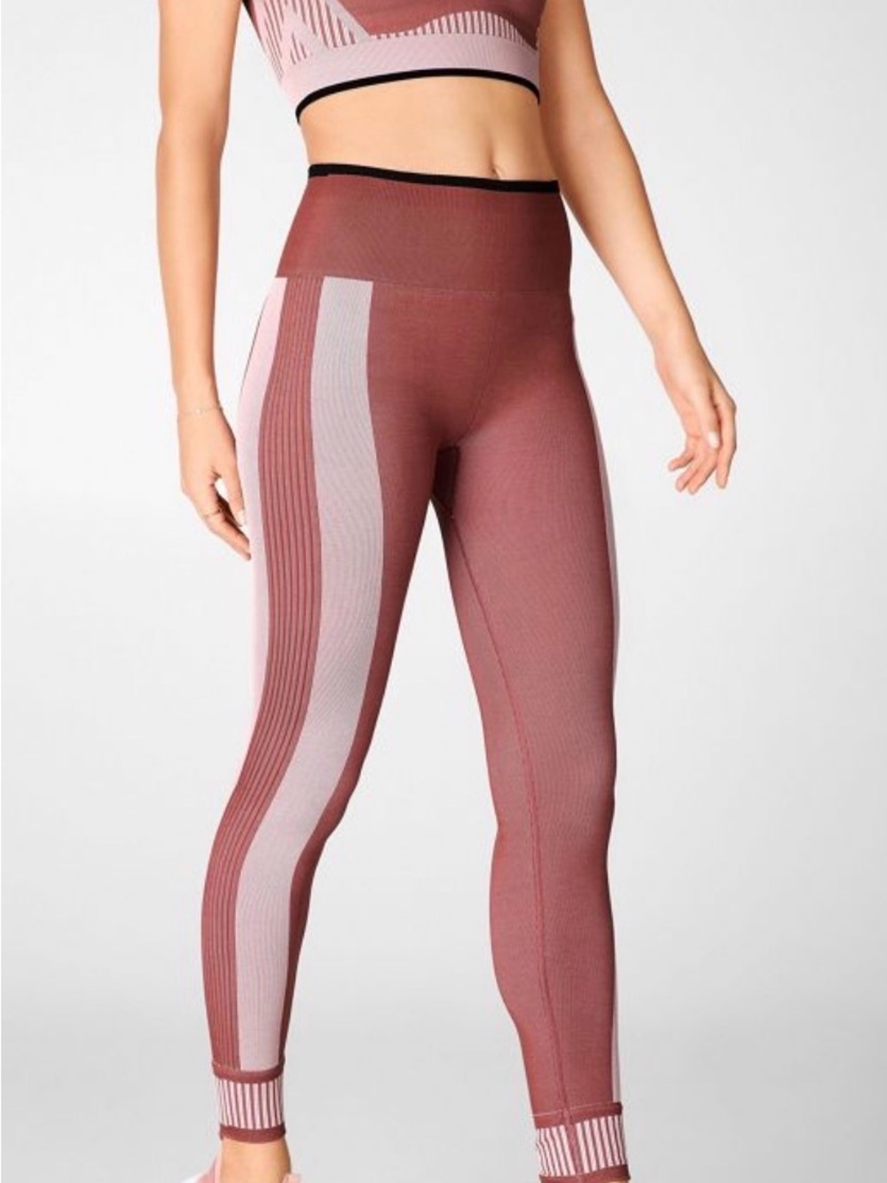 Fabletics Ribbed High-Waist Leggings in Dusty Rose with Light Pink Stripe